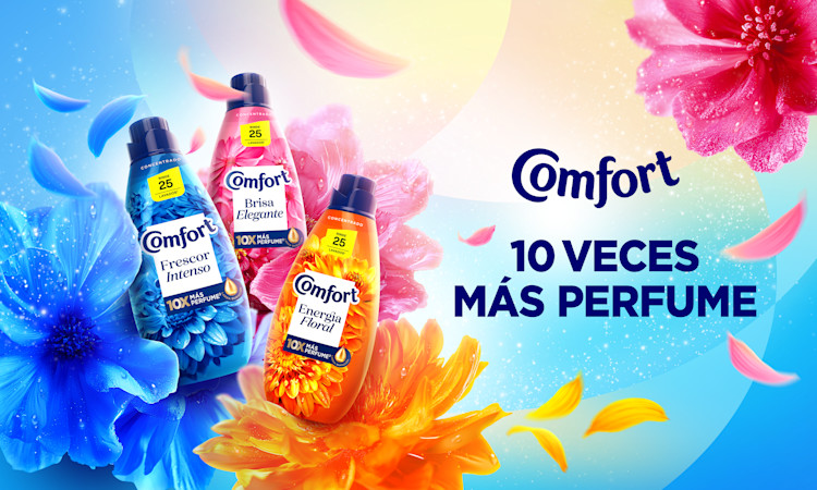 Las 3 variedades de Comfort Suavizante Concentrado sobre mesada de lavadero. Frescor intenso, Energía Floral y Brisa Elegante tienen 10 veces más eprfume.